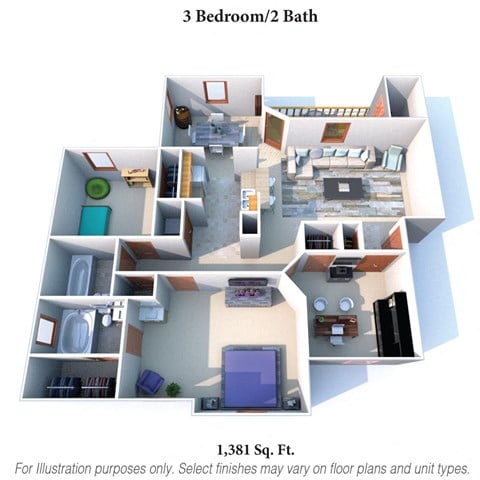 Floor plan for 3 beds, 2 baths, 1381 sqft